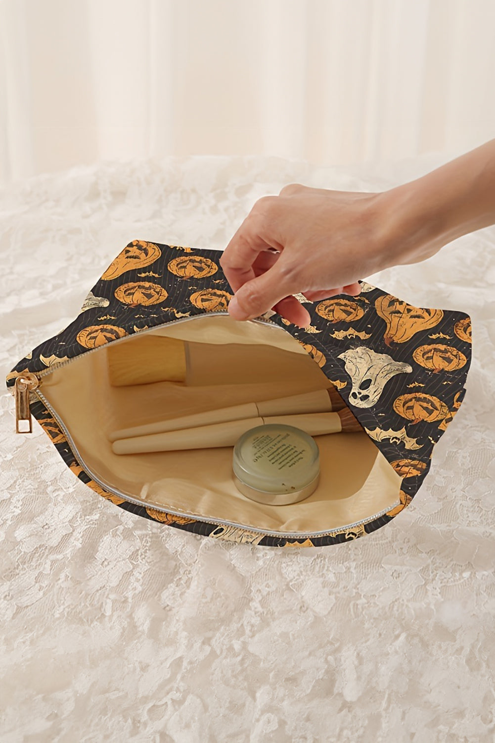 Striped Halloween Pumpkin Ghost Printed Makeup Bag