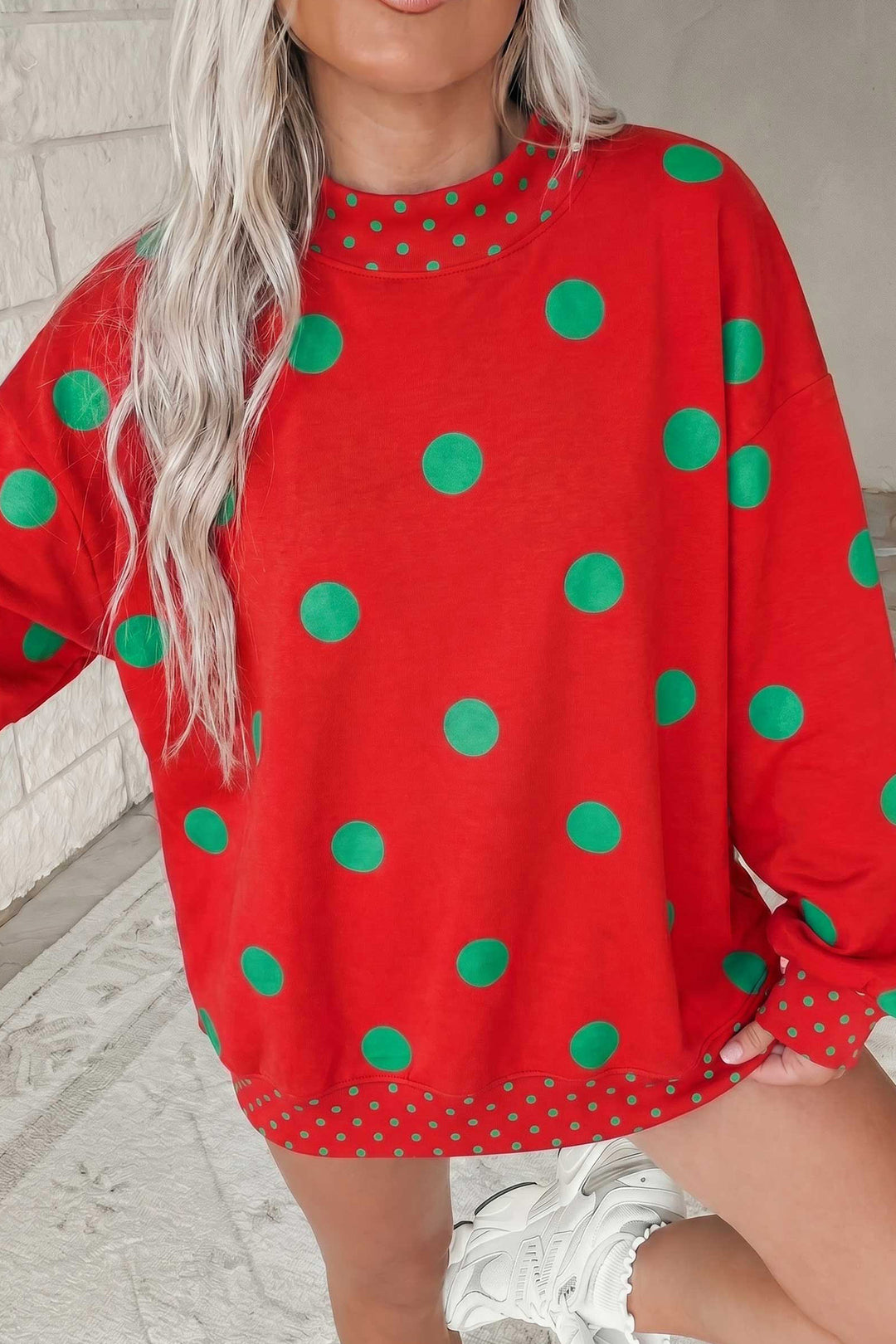 Red Polka Dot Print Contrast Detail Oversized Tunic Sweatshirt