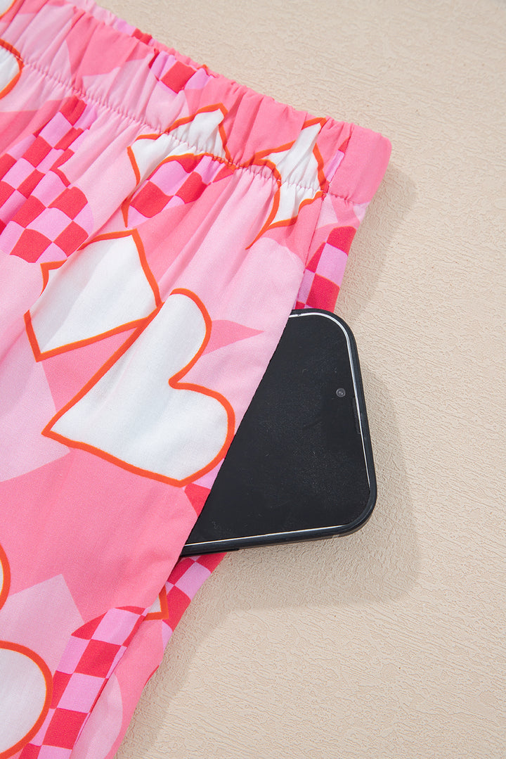 Pink Heart Print Shirt Style Silky Short Pajama Set
