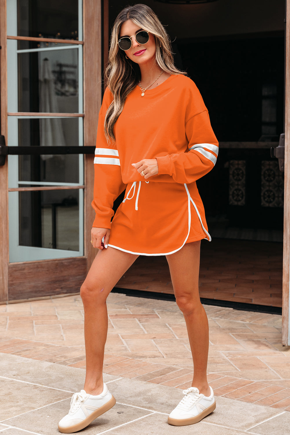 Orange Varsity Stripe Detail Pullover Mini Skort Set