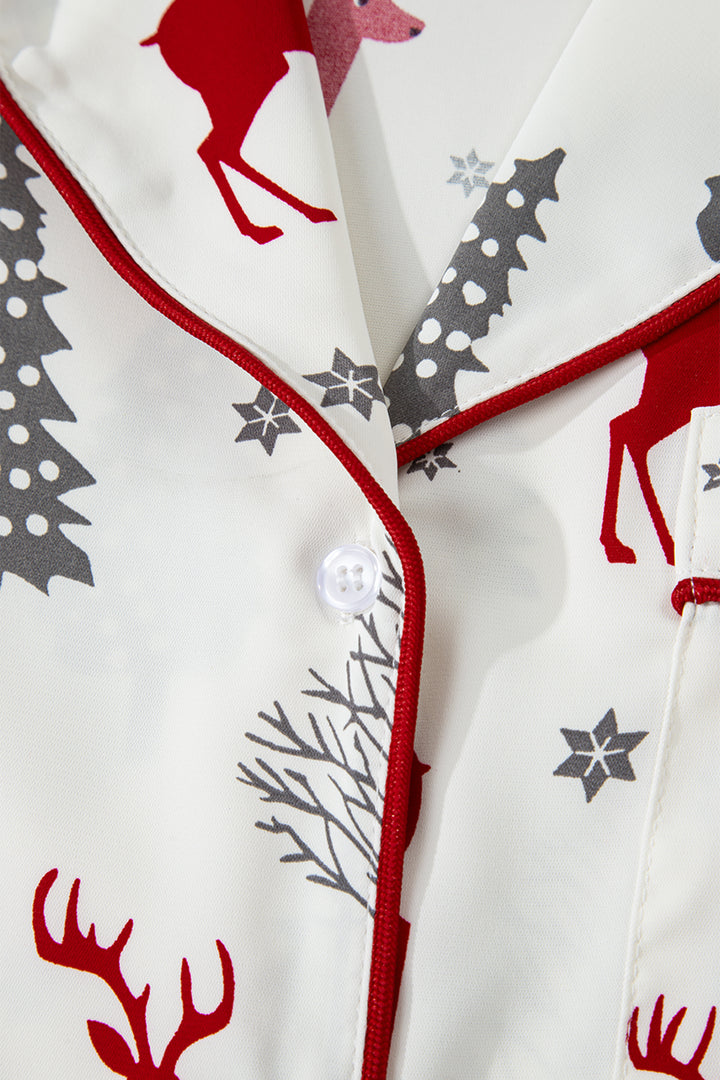 White Christmas Fashion Print Velvet Trim Bow Knot Pajama 2pcs Short Set