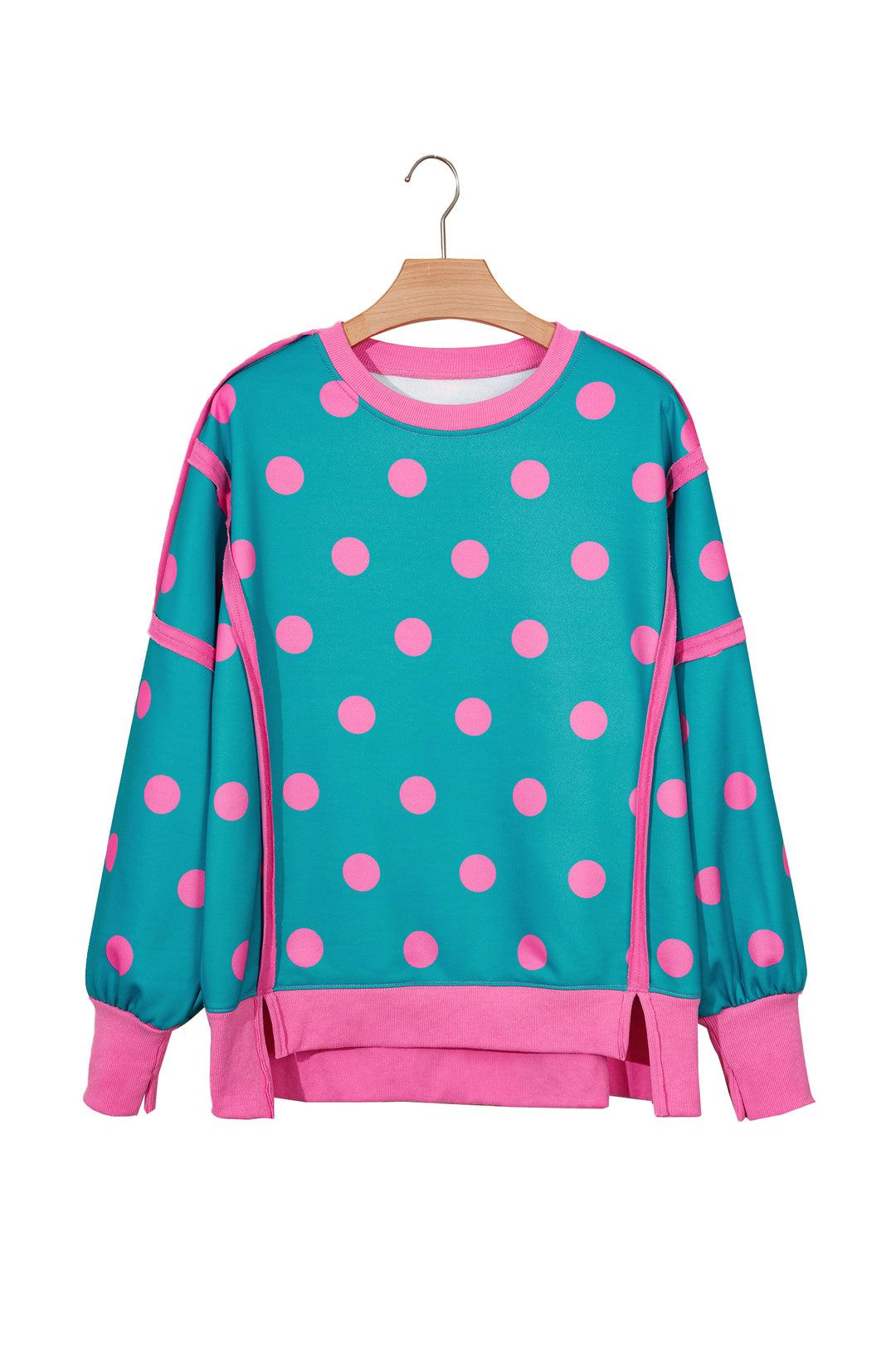 Blue Polka Dot Contrast Patchwork Round Neck Baggy Sweatshirt
