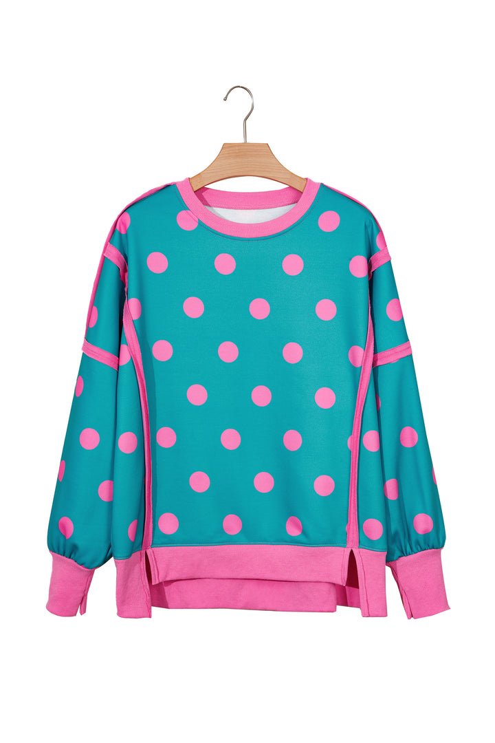 Blue Polka Dot Contrast Patchwork Round Neck Baggy Sweatshirt