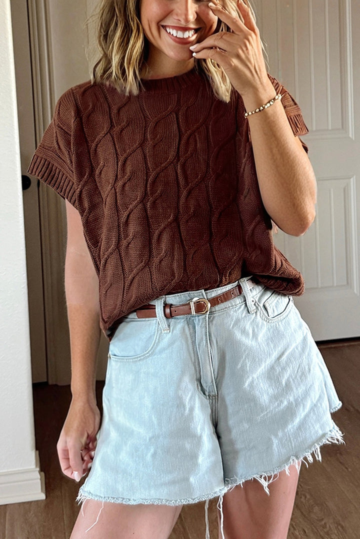 Cable Texture Crew Neck Short Sleeve Sweater Top