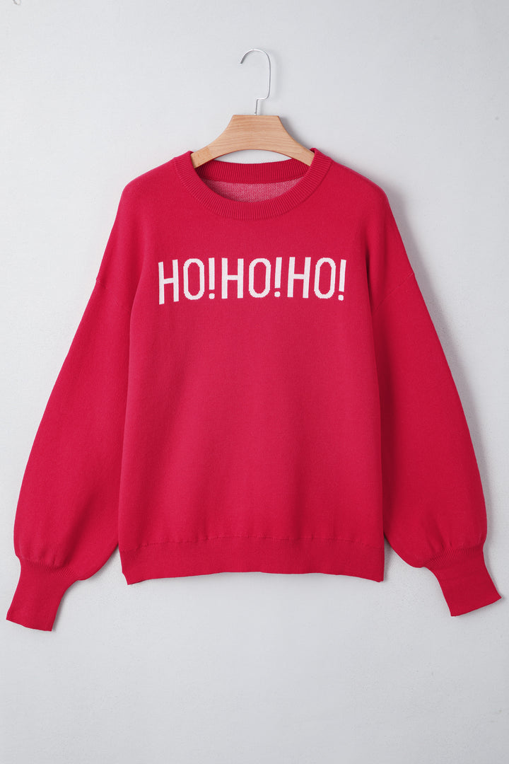 Fiery Red HO HO HO MERRY CHRISTMAS Drop Shoulder Loose Sweater