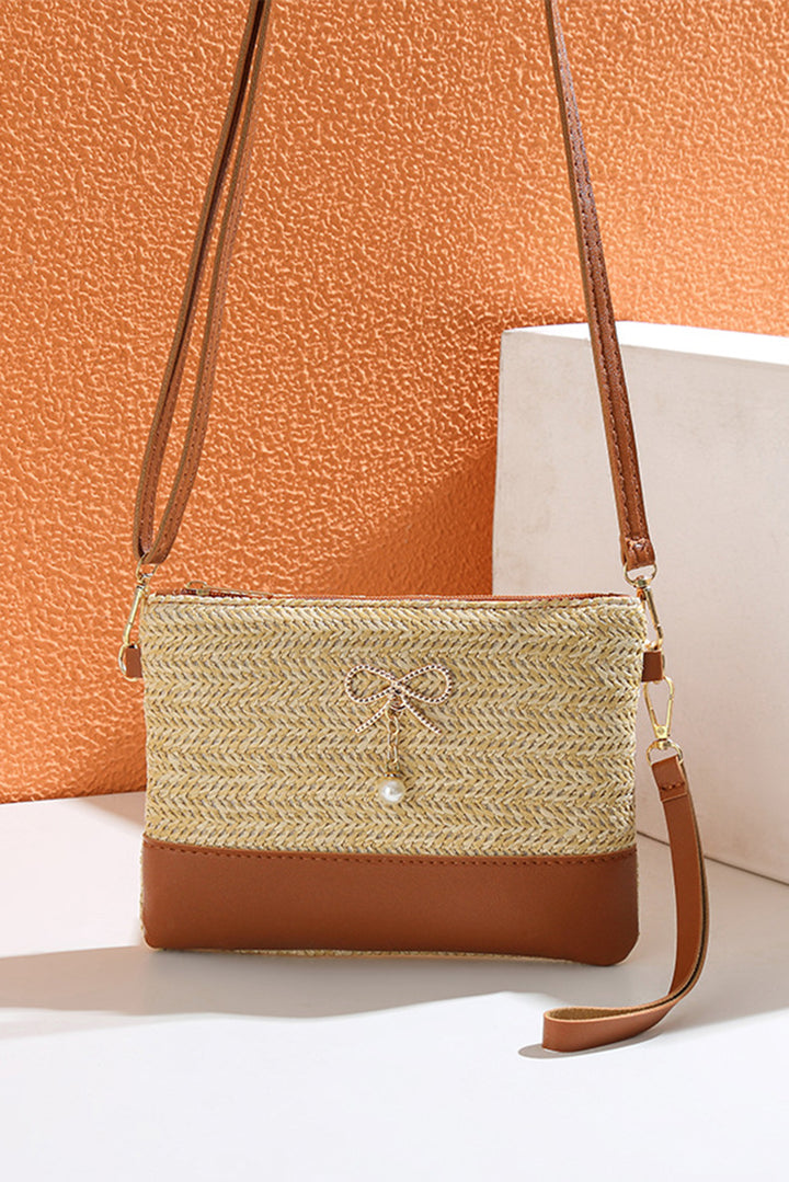 Bow Pearl Decor Straw PU Leather Patched Crossbody Bag