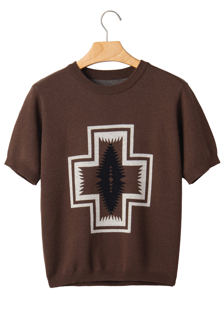 Brown Western Print Short Sleeve Knit Casual Sweater