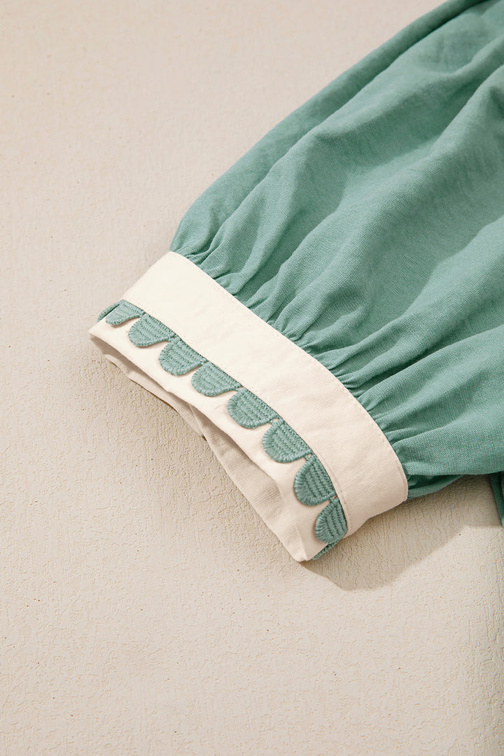 Canton Scallop Color Block Trim Puff Sleeve Mini Dress