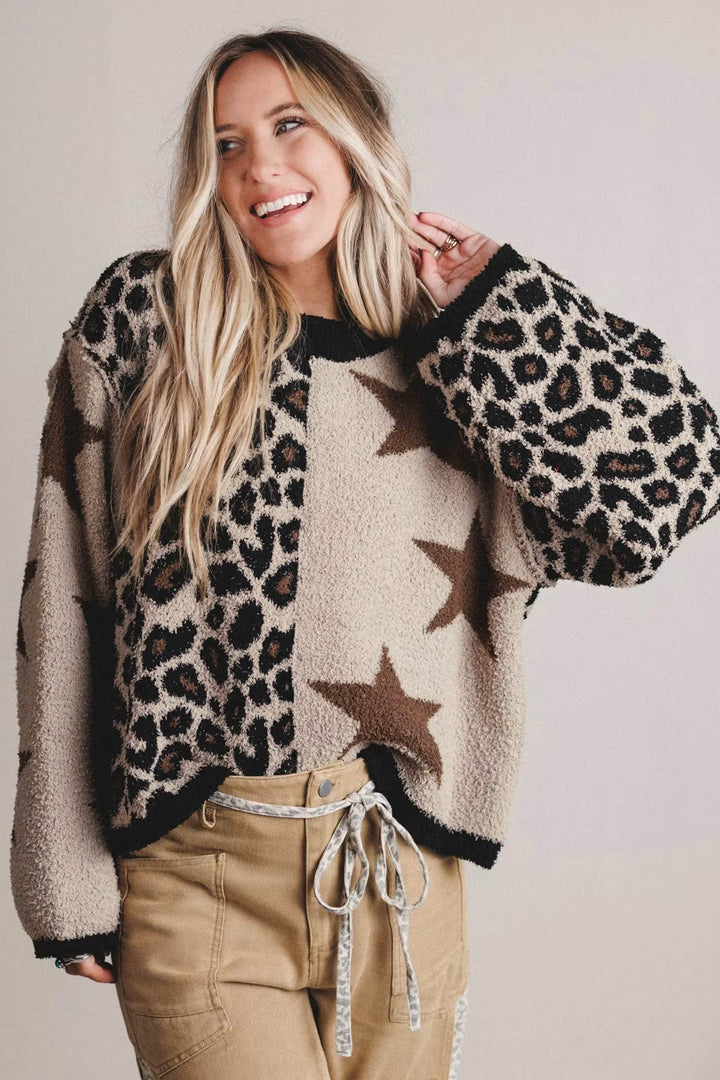 Smoke Gray Leopard Star Pattern Round Neck Long Sleeve Shift Sweater