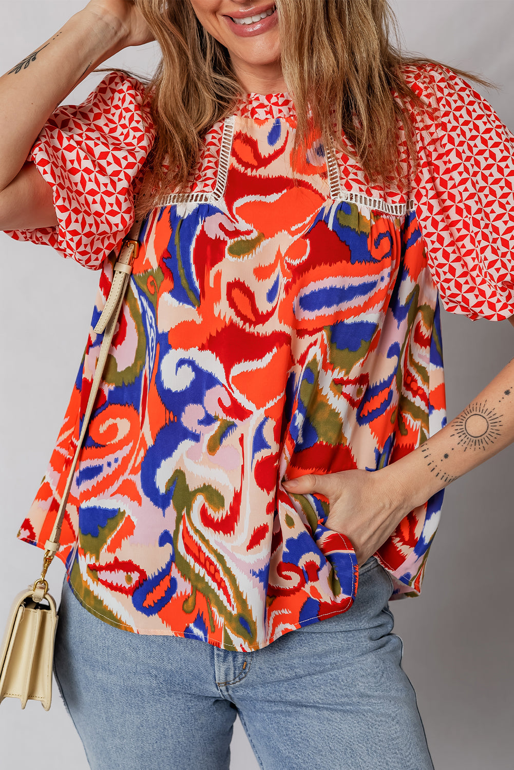 Paisley Geometric Mixed Print Patchwork Puff Sleeve Blouse Top