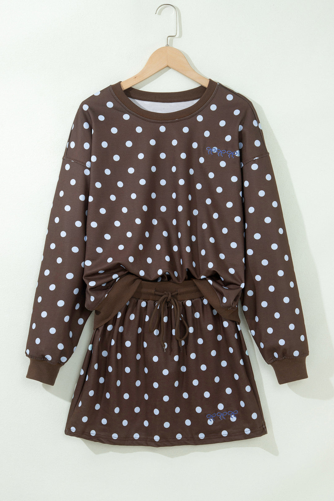 Brown Polka Dot Pullover Embroidered Bow Detail 2pcs Skort Set