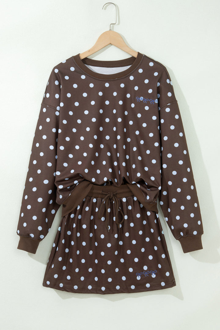 Brown Polka Dot Pullover Embroidered Bow Detail 2pcs Skort Set