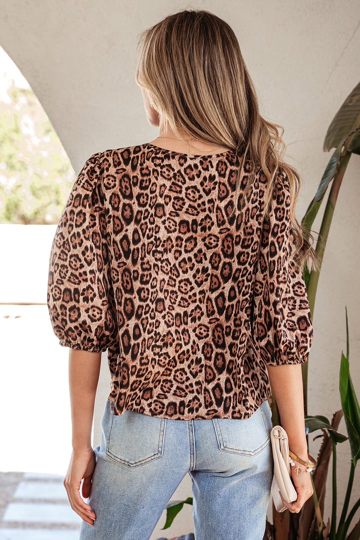 Leopard Bow Tie Puff Sleeve Blouse