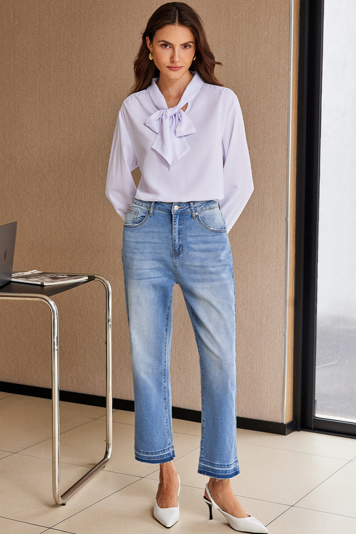 Sky Blue Whiskered Wash Raw Hem Cropped Jeans