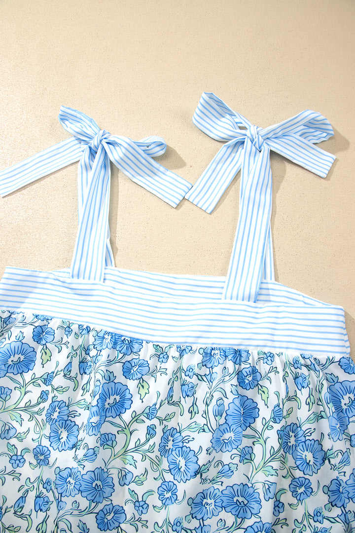 Sky Blue Floral Striped Patchwork Knot Straps 2pcs Short Set