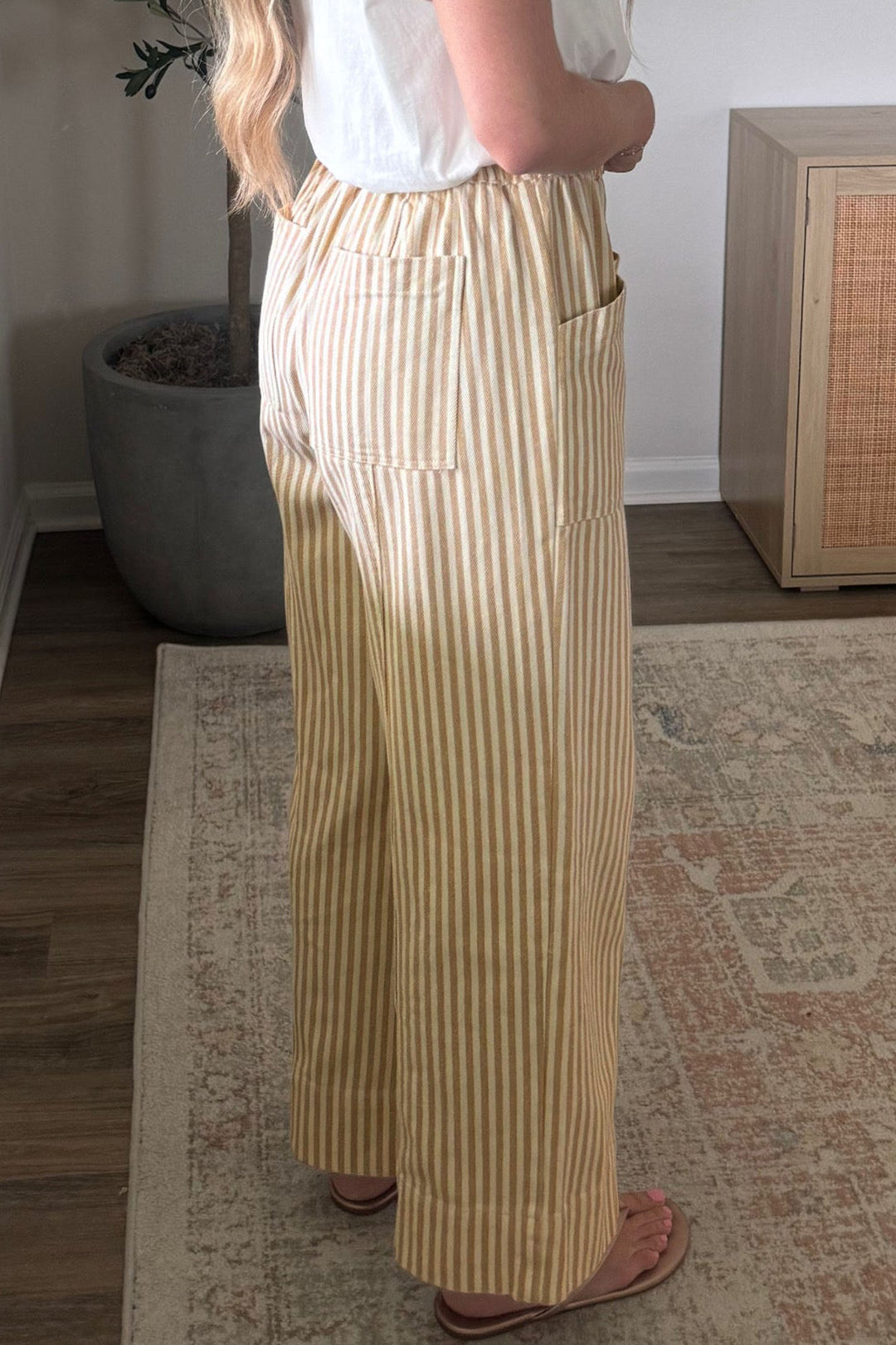 Apricot Stripe Ribbon Drawstring Waist Full-Length Cotton Shift Pant