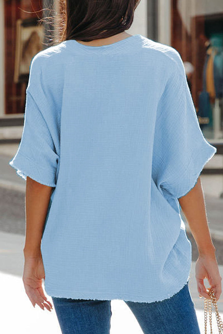 Sky Blue Frayed Batwing Sleeve Textured Cotton Blouse