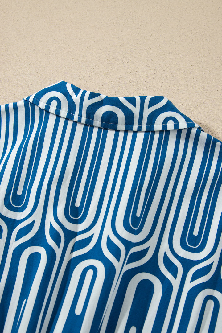 Blue Geometric Print Short Sleeve Shirt Collar Dress