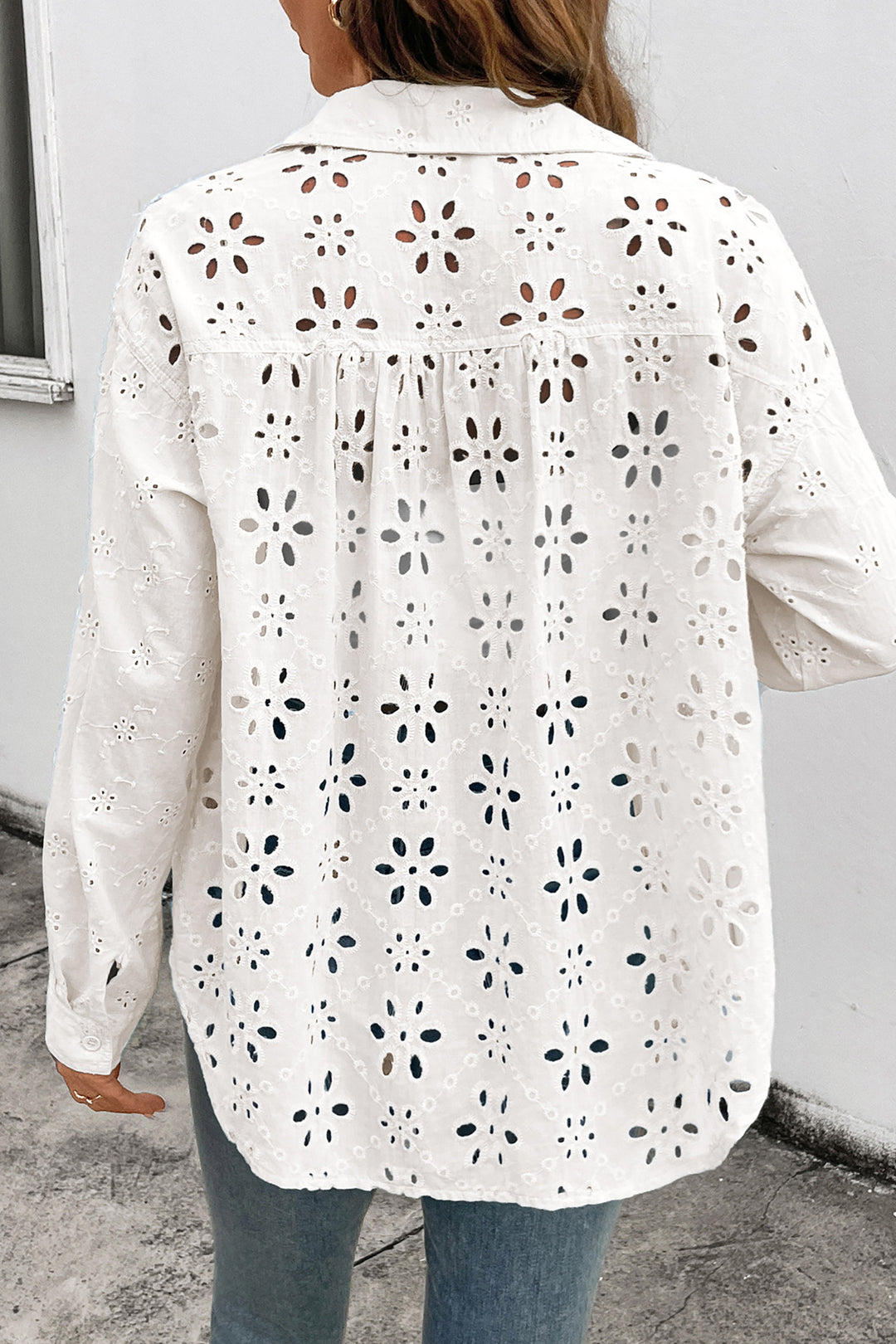 White Solid Eyelet Flower Pattern Button Down Loose Shirt