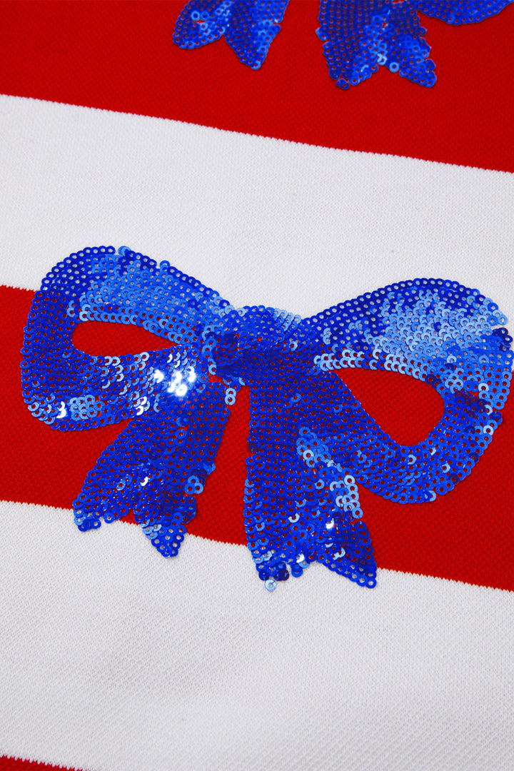 Red Stripe Sequin Bow Patriotic Half Sleeve Top