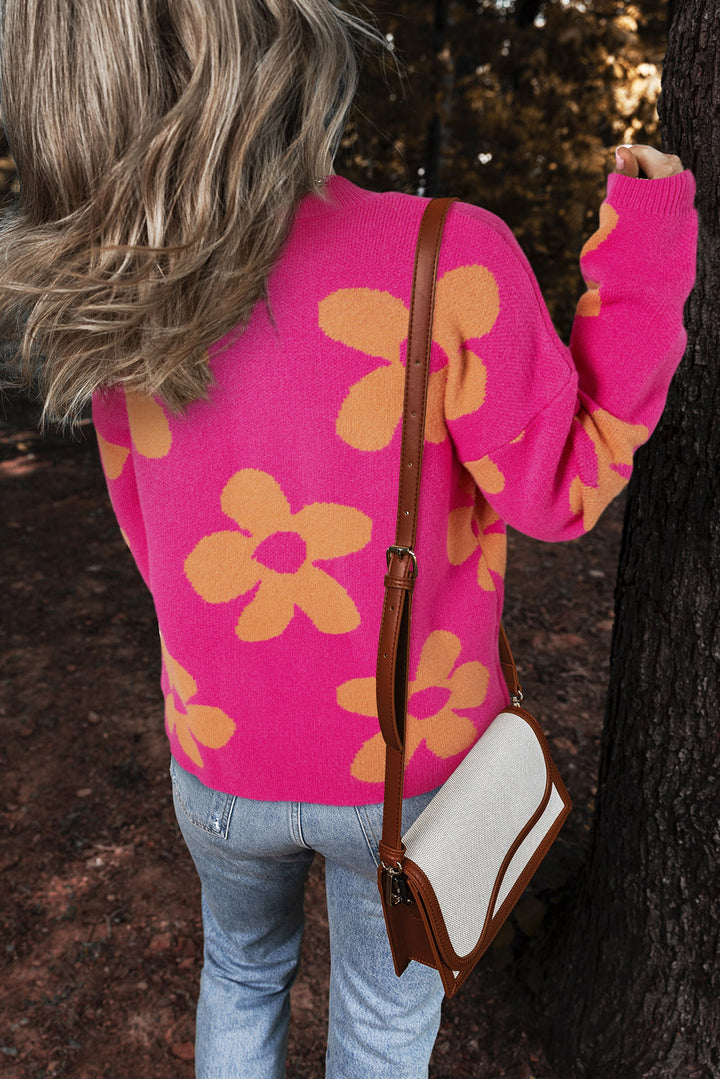 Big Flower Pattern Mock Neck Long Sleeve Sweater