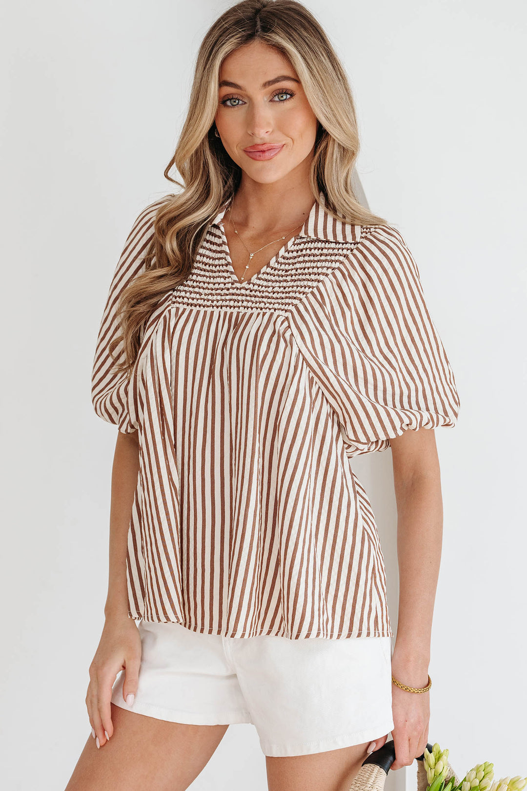 Shirred V Neck Short Puff Sleeve Blouse