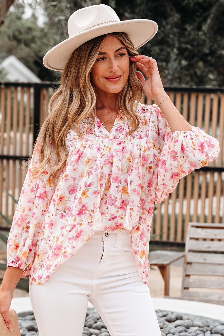 Floral Print Tassel Tie Smocked V Neck Puff Sleeve Tunic Blouse