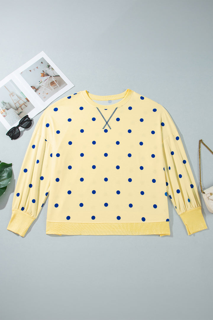 Yellow Round Neck Long Sleeve Polka Dot Plus Size Top