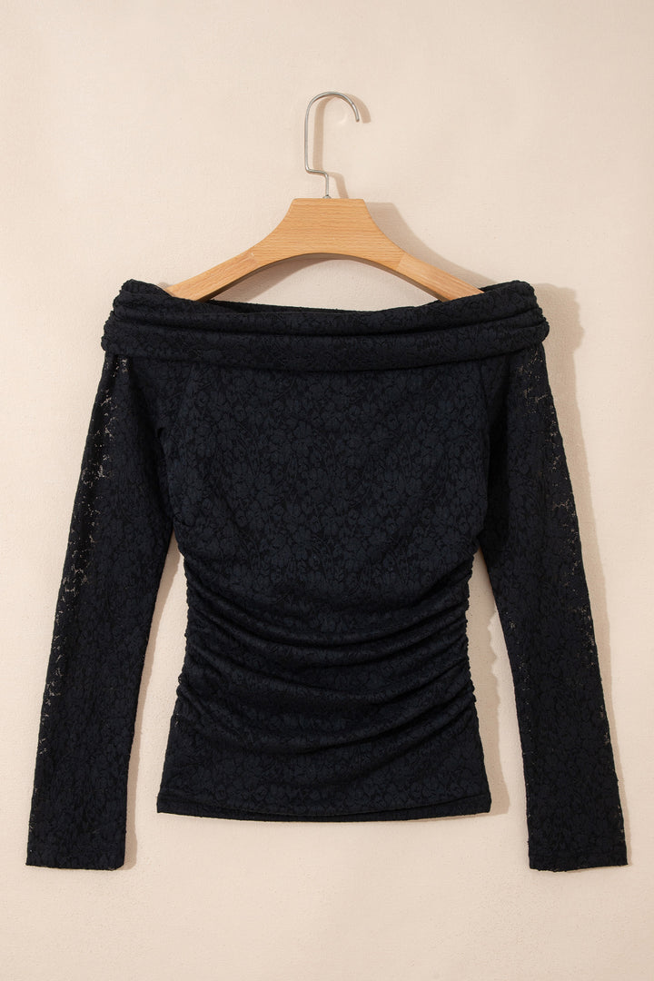 Black Floral Lace Off-shoulder Long Sleeve Slim Top