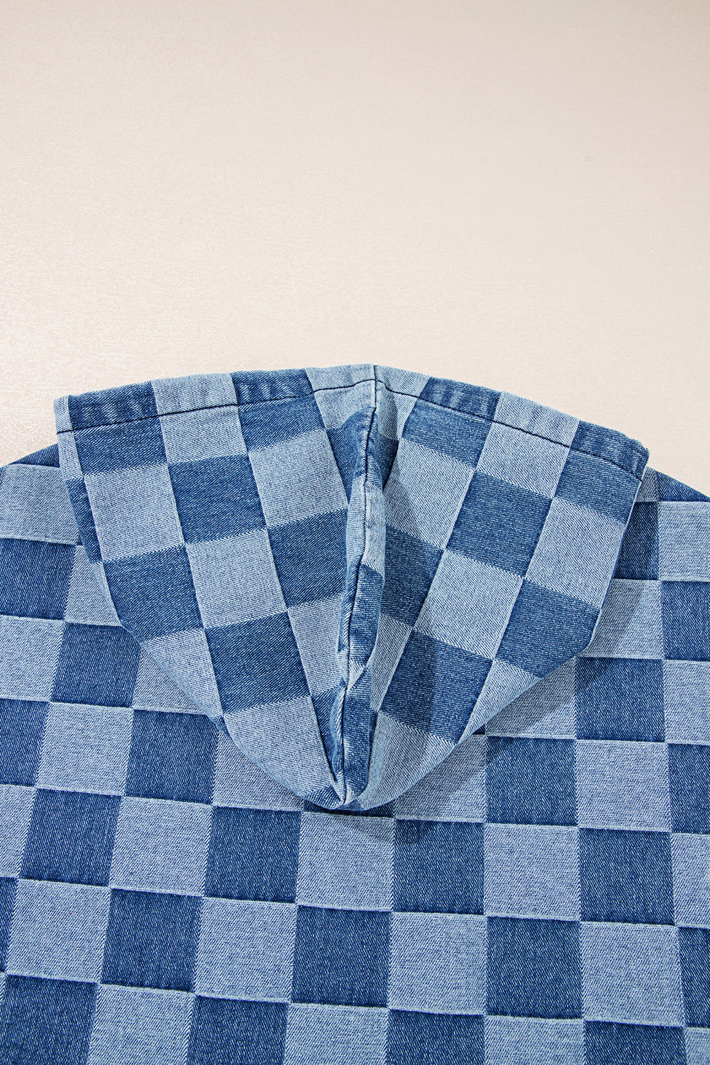 Checkerboard Zipped Neck Kangaroo Pocket Denim Hoodie