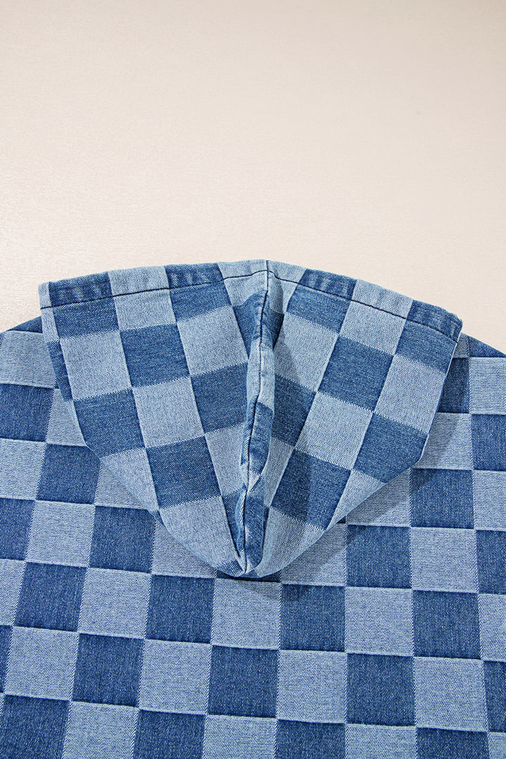 Checkerboard Zipped Neck Kangaroo Pocket Denim Hoodie
