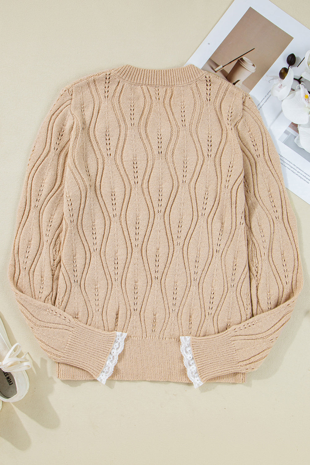 Pearl Beaded Pointelle Knit V Neck Lace Patchwork Sleeve Sweater