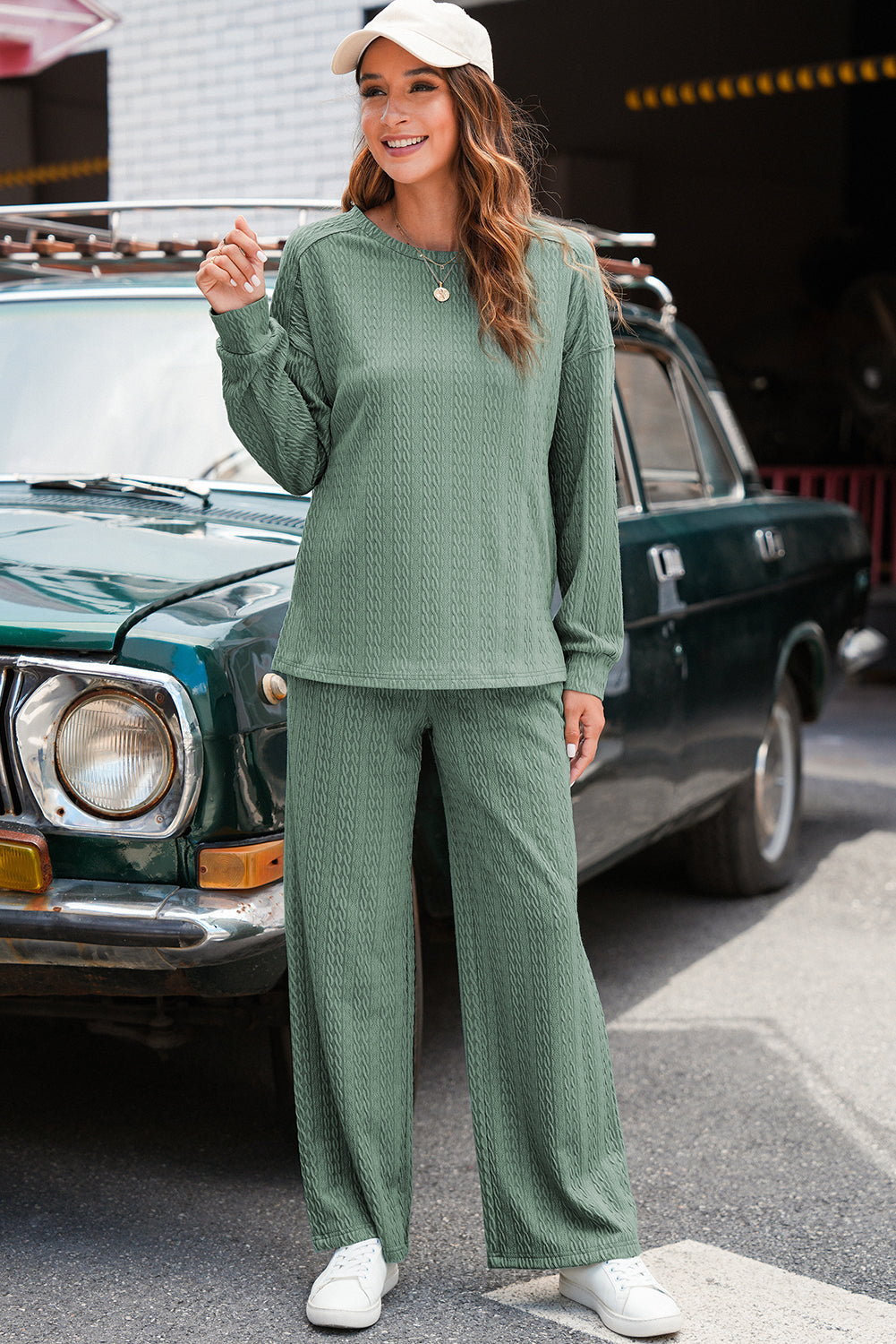 Smoke Green Textured Round Neck Sweatshirt &amp; Loose Drawstring High Waist Pant Set
