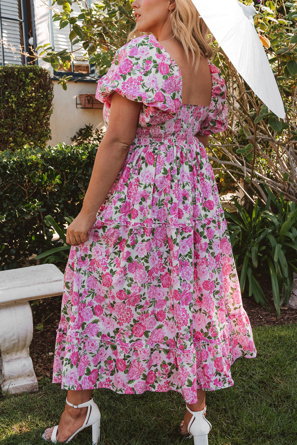 Dainty Floral Smocked Puff Sleeve Flowy Long Dress