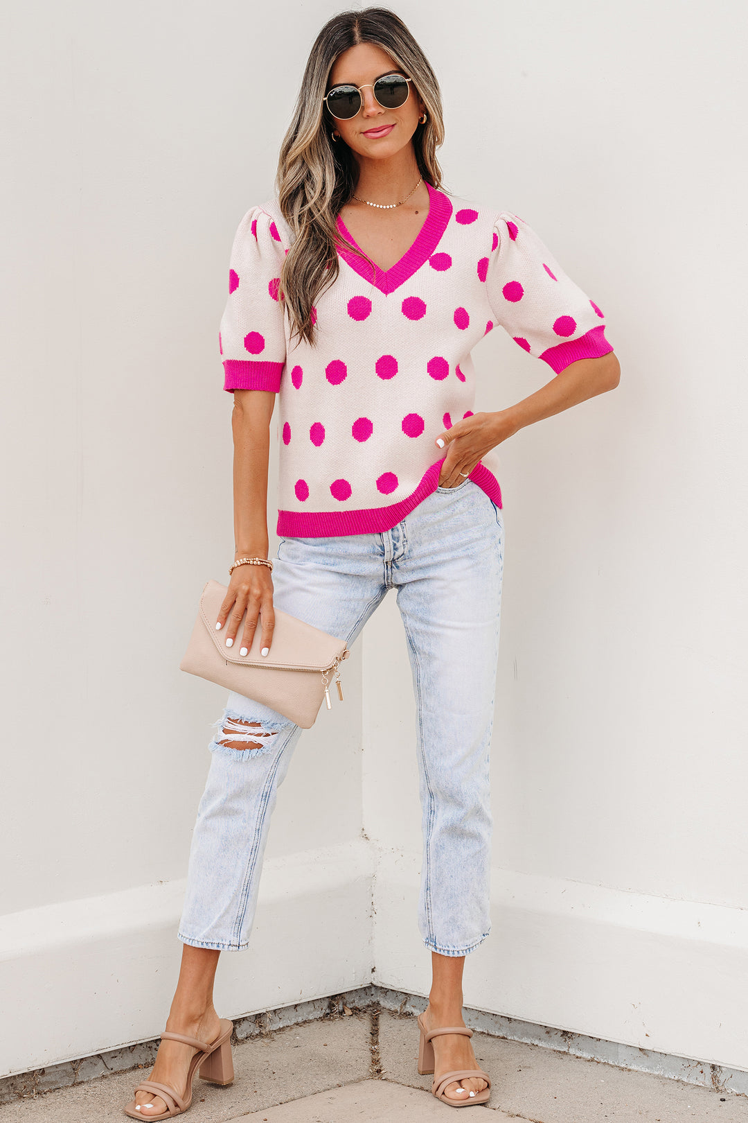 Pink Polka Dot Puff Short Sleeve Sweater Top