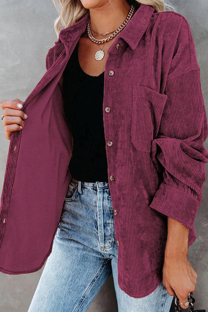 Wine Fiery Red Corduroy Button Pocket Shirt