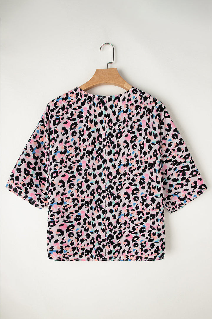 Multicolor Leopard Print V Neck Oversized Blouse