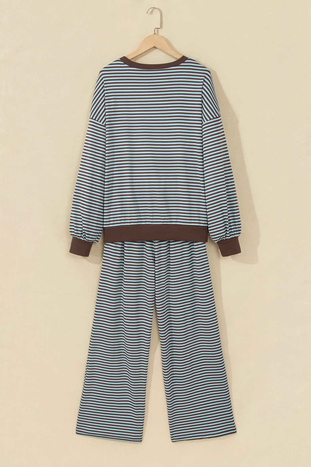 Brown Stripe Drop Shoulder Loose Top and Pants Two Piece Set