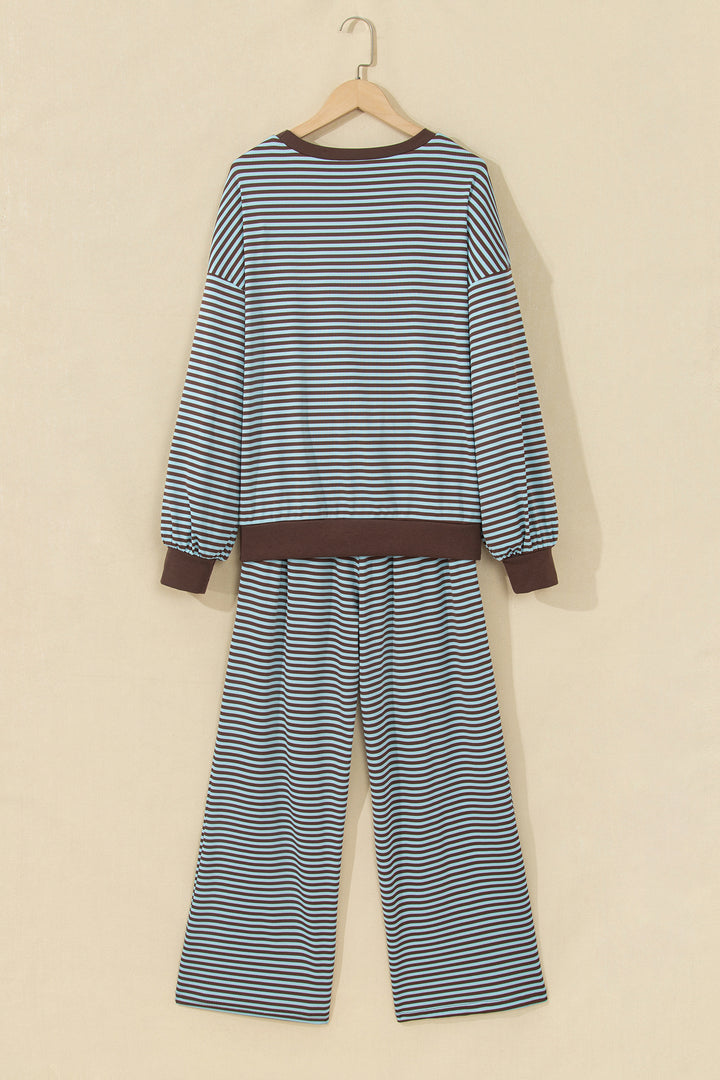 Brown Stripe Drop Shoulder Loose Top and Pants Two Piece Set