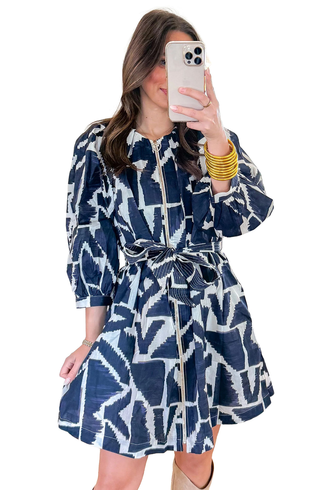Blue Abstract Geometric Print Zip Front Shift Dress