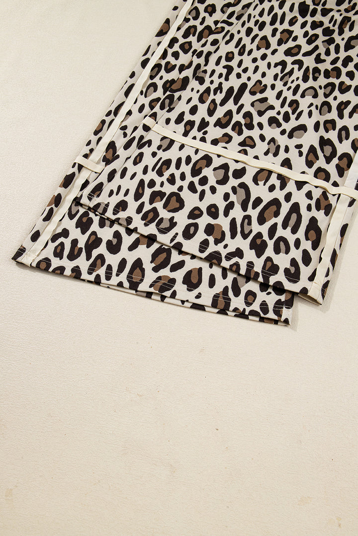 Khaki Leopard Wide Leg Cropped Pants