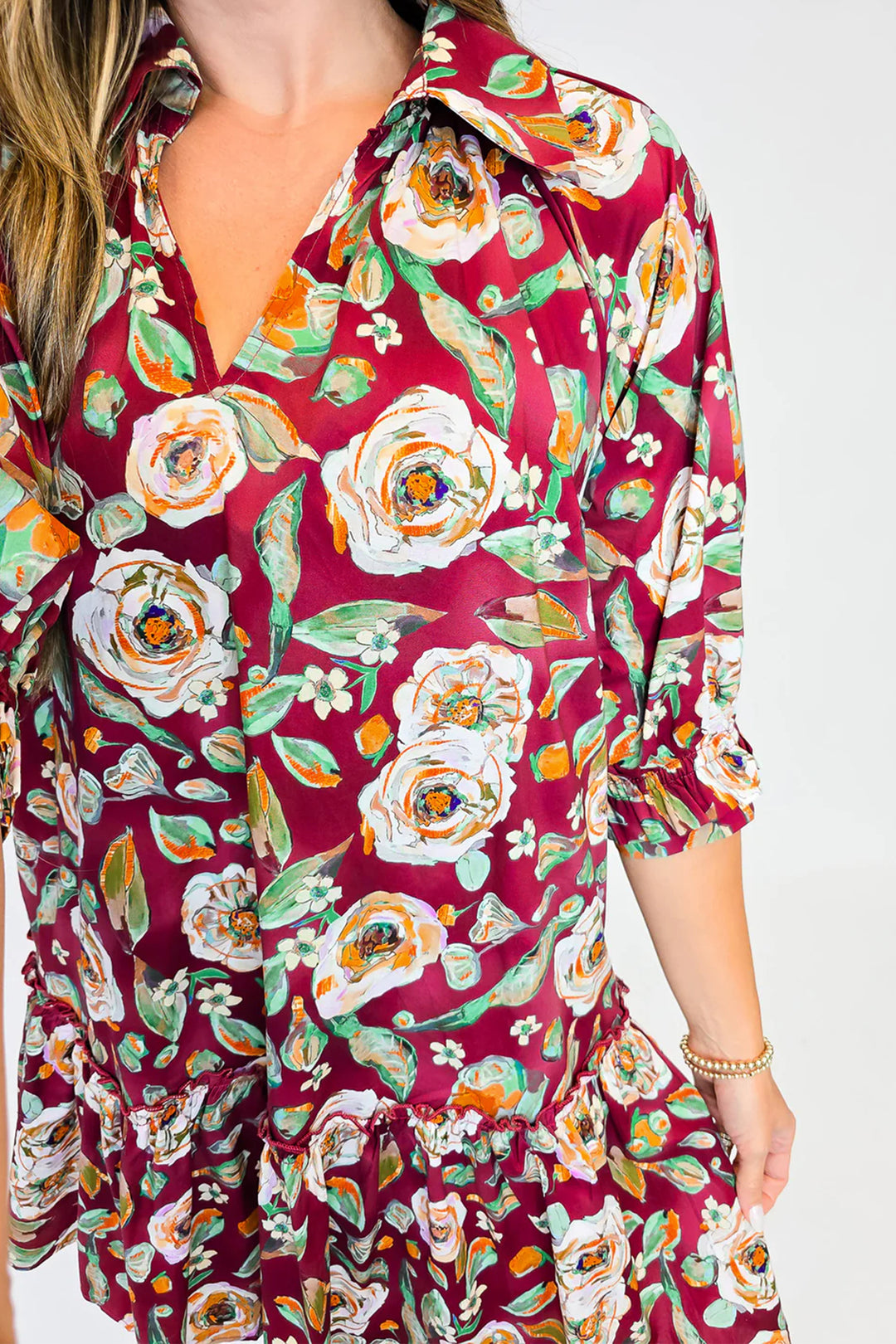 Red Floral Print Half Sleeve Short Shift Dress