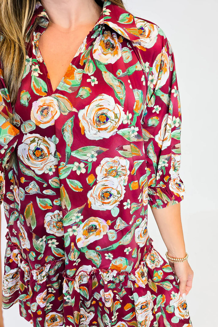 Red Floral Print Half Sleeve Short Shift Dress