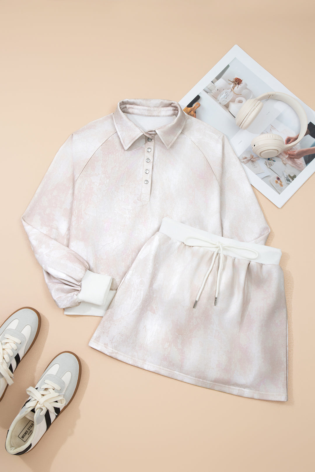 White Abstract Woodland Print Balloon Sleeve Pullover Mini Skort Set