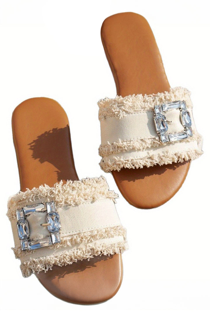 Frayed Wide Band Rhinestone Buckle Detail Slippers