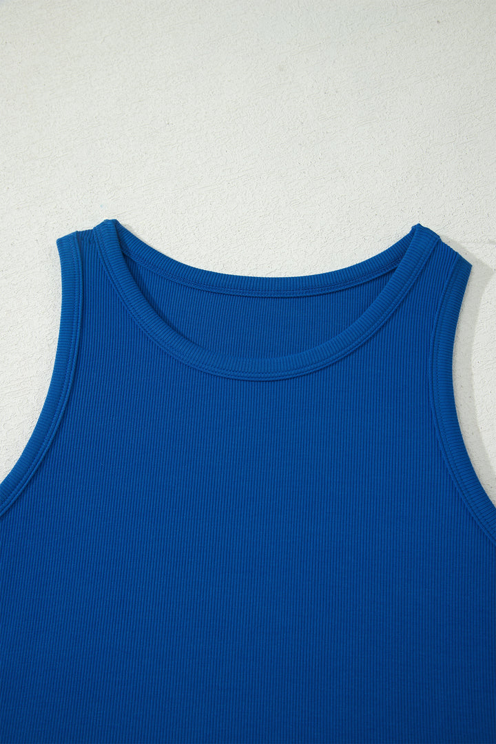Dark Blue Ribbed Slim Tank Pocketed Wide Leg Shorts Set