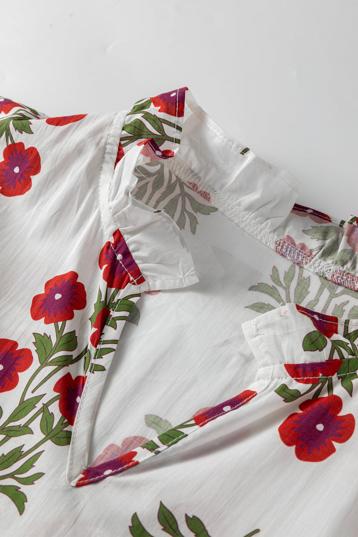 Floral Print V Neck 3/4 Sleeve Loose Mini Dress