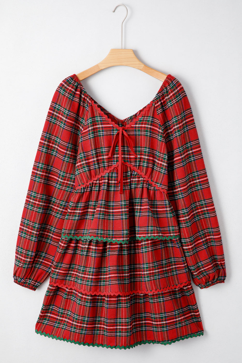 Plaid Print Ricrac Tiered Bubble Sleeve Mini Dress