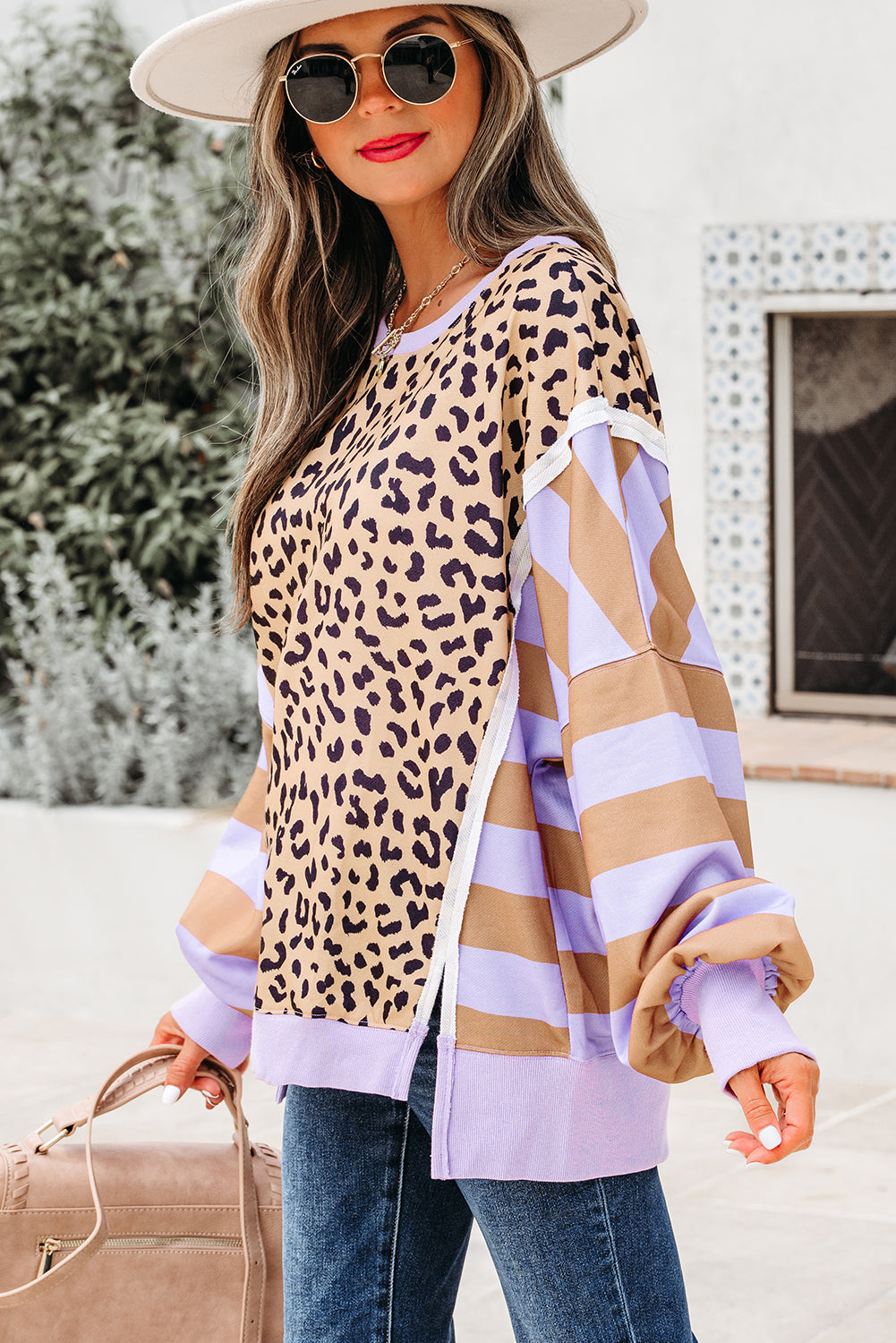 Color Block Patchwork Leopard Casual Sweatshirt with Slits