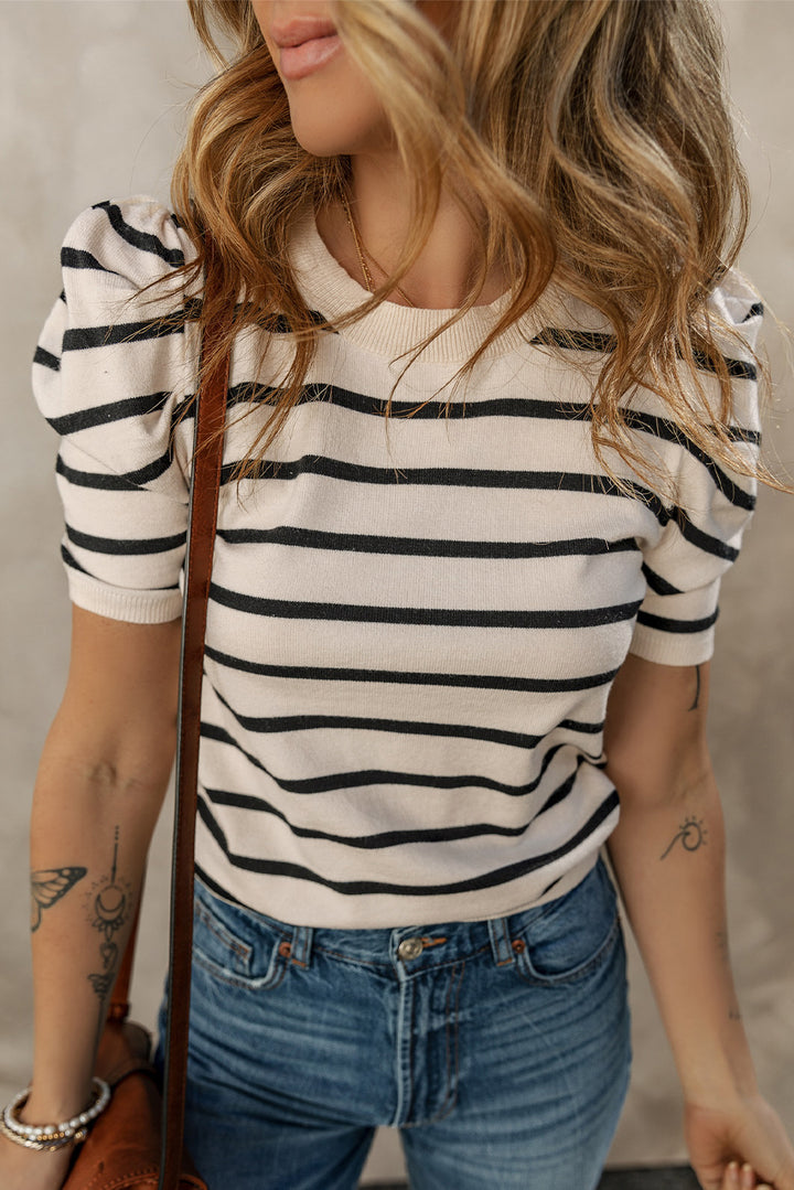 Black Stripe Ribbed Trim Knitted Top